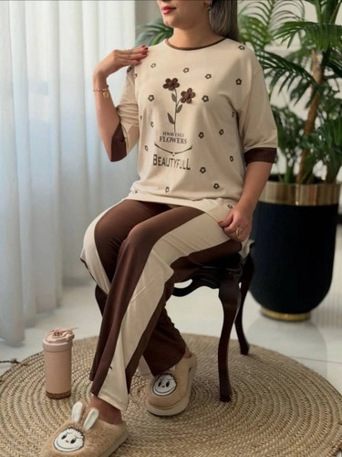 ست تیشرت شلوار گل پفکی قهوه ای